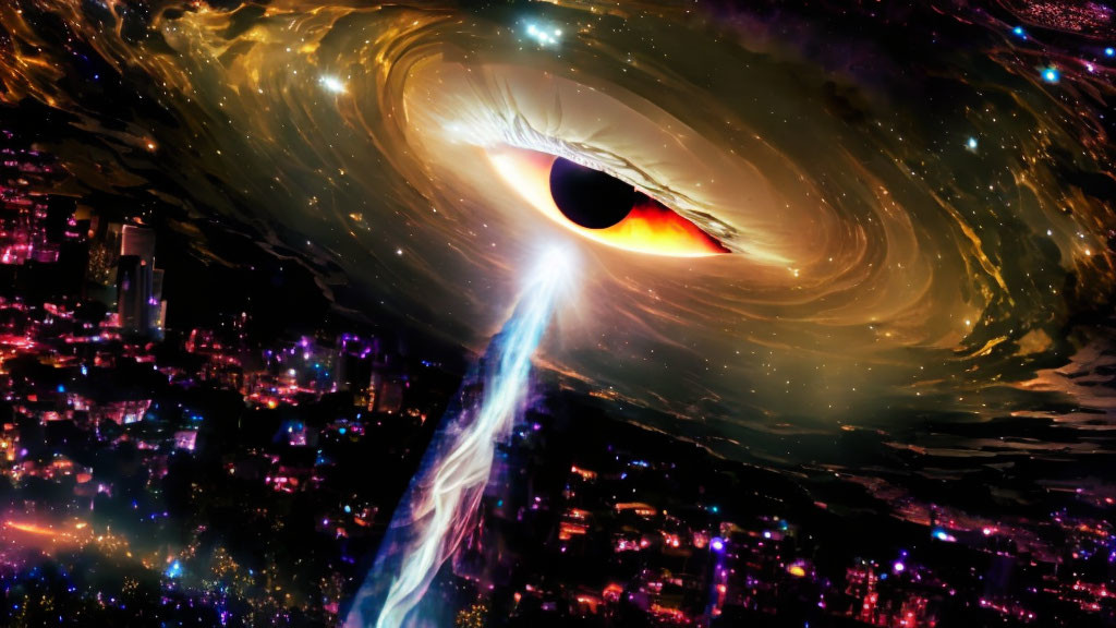 Surreal cosmic image: Giant eye in galaxy with light beam over vibrant cityscape