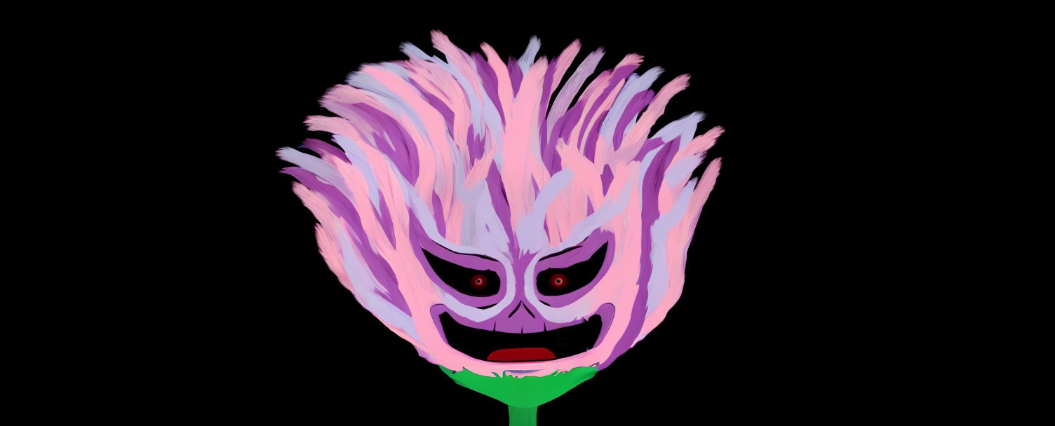 Stylized purple and pink creature with angry expression on black background