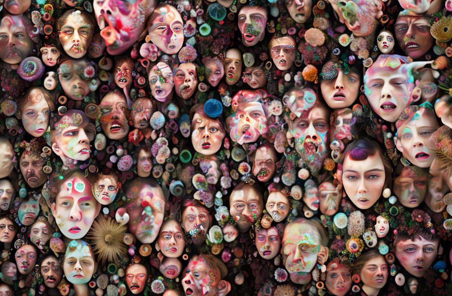 Multifaceted surreal human faces collage with vibrant textures