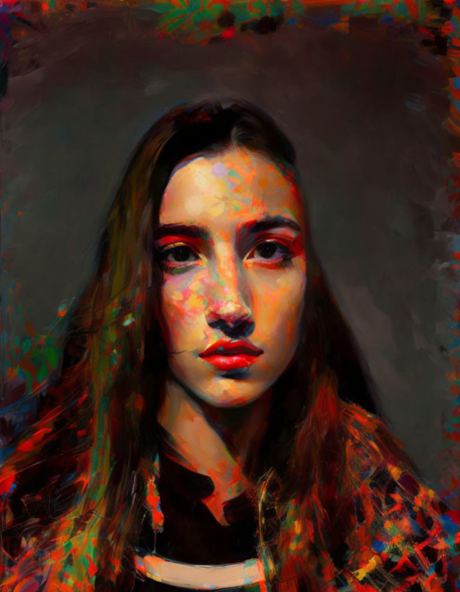 Colorful abstract portrait of young woman with expressive eyes