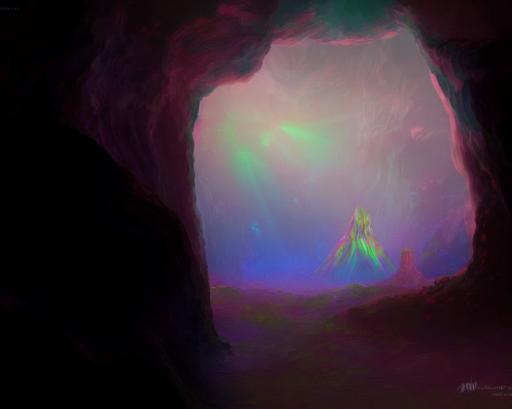 Mystical Cave with Colorful Glow and Central Figure Emitting Light