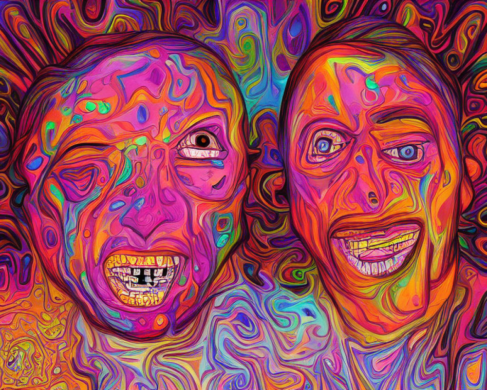 Abstract Psychedelic Painting: Distorted Faces & Vibrant Colors