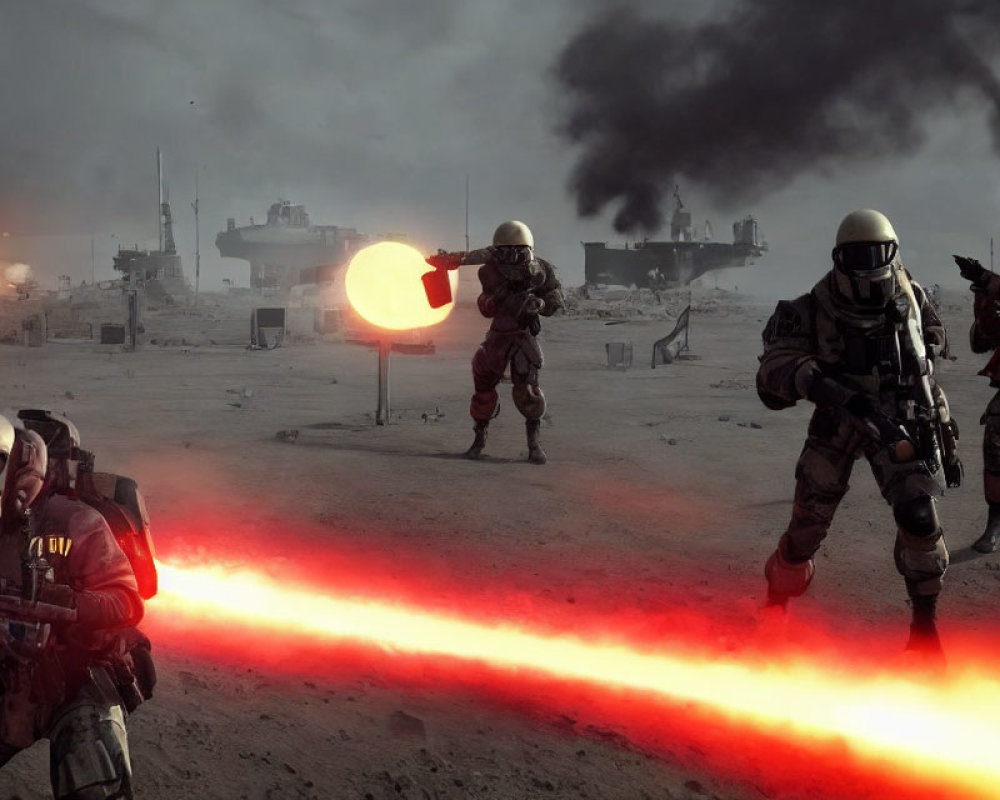 Futuristic soldiers battle with energy weapons in war-torn landscape