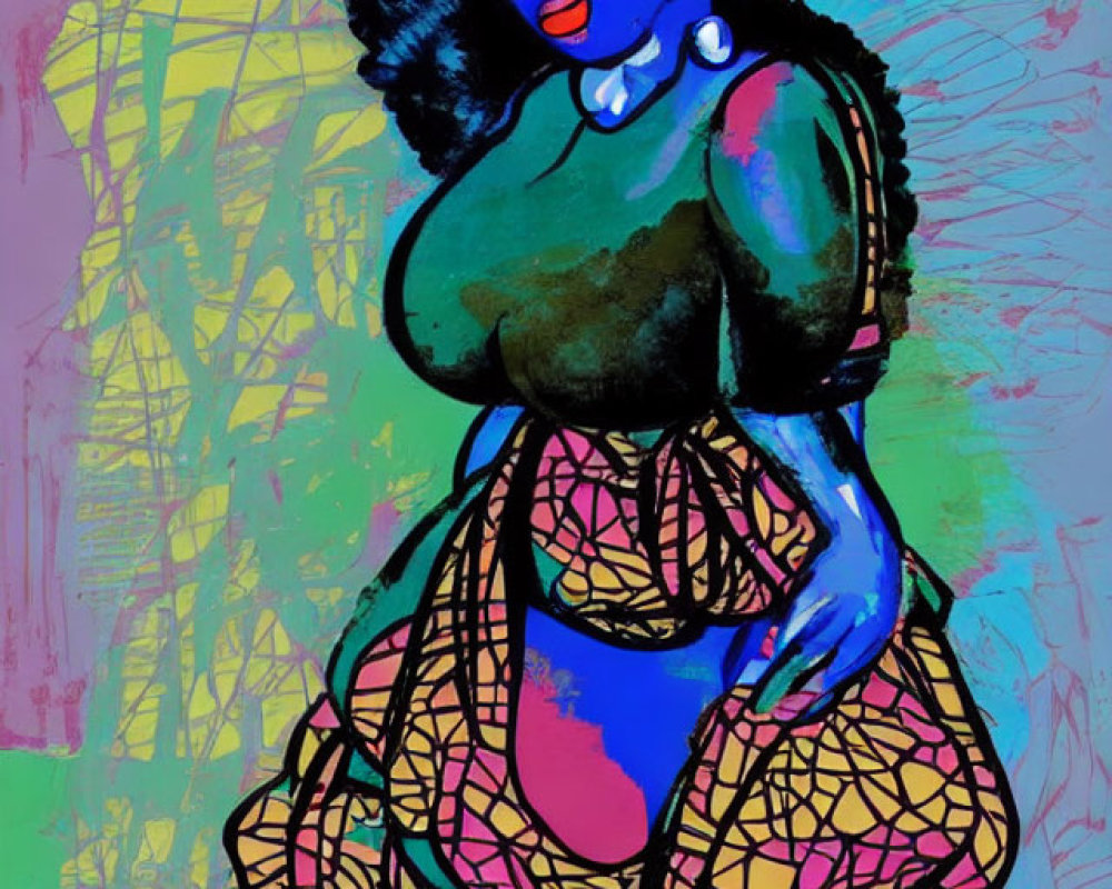 Colorful Artwork: Confident Woman with Afro Hair in Bold Dress