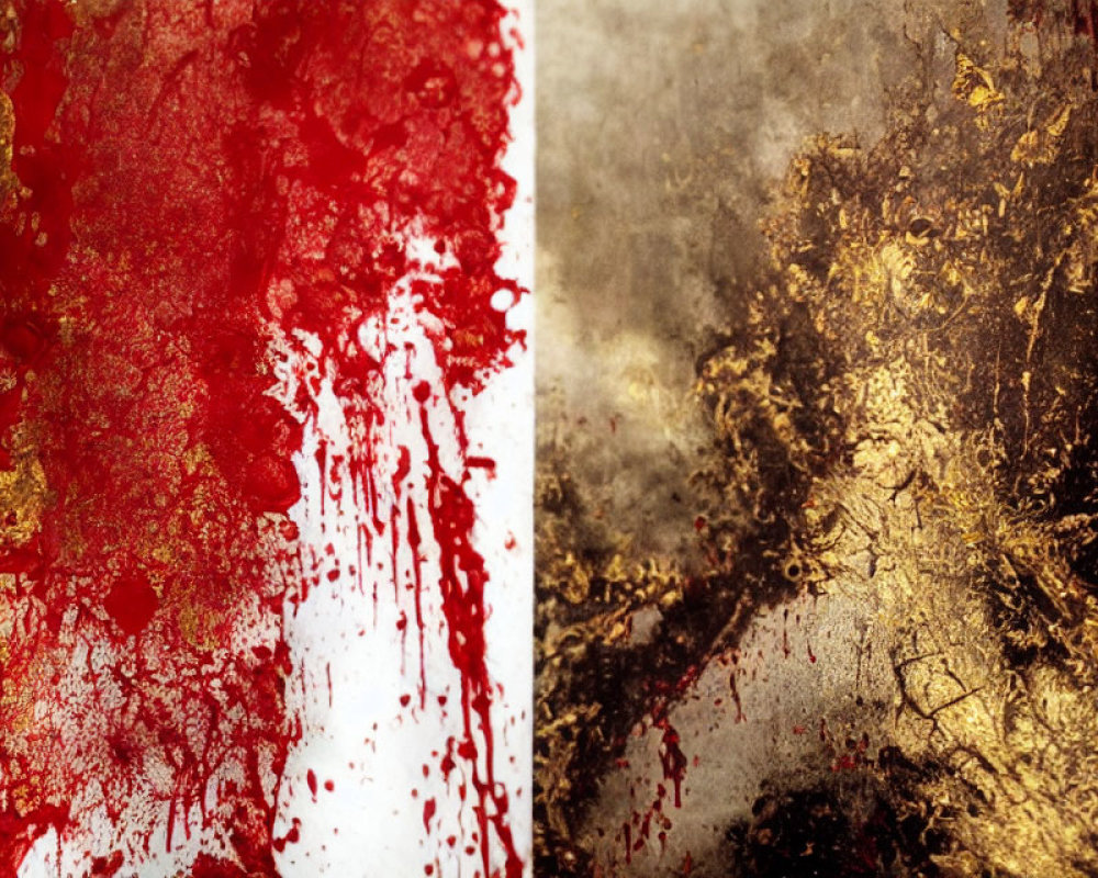 Textured image with red splatter and gold abstract design split in half