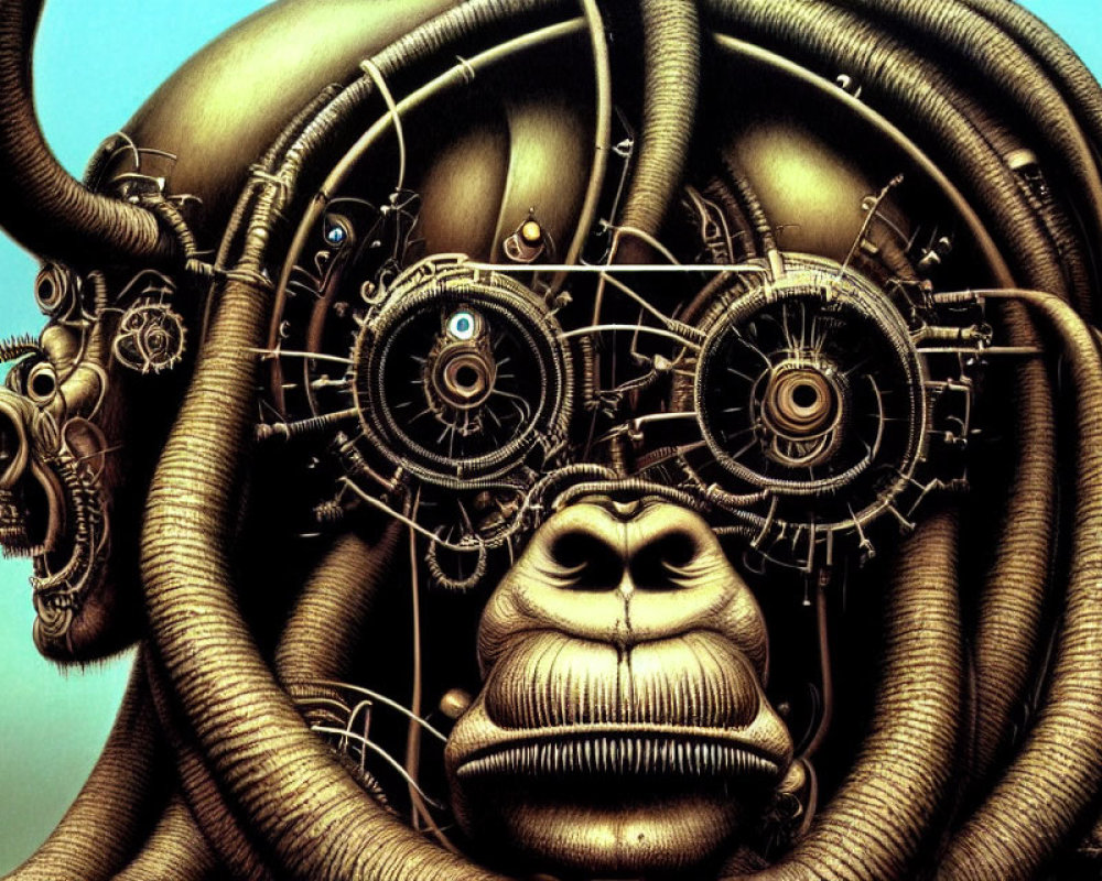 Steampunk-style ape illustration with mechanical features on teal background