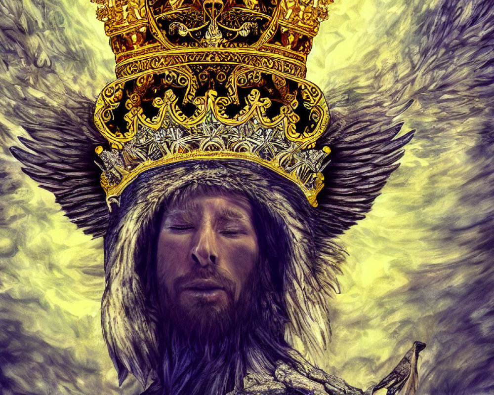 Surreal portrait of person with stoic expression, ornate crown, and wings on yellow background