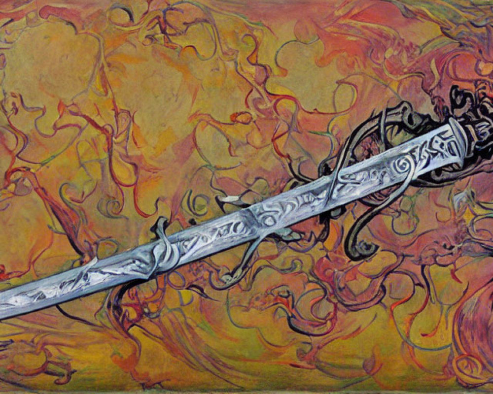 Intricate ornate sword on swirling multicolored background