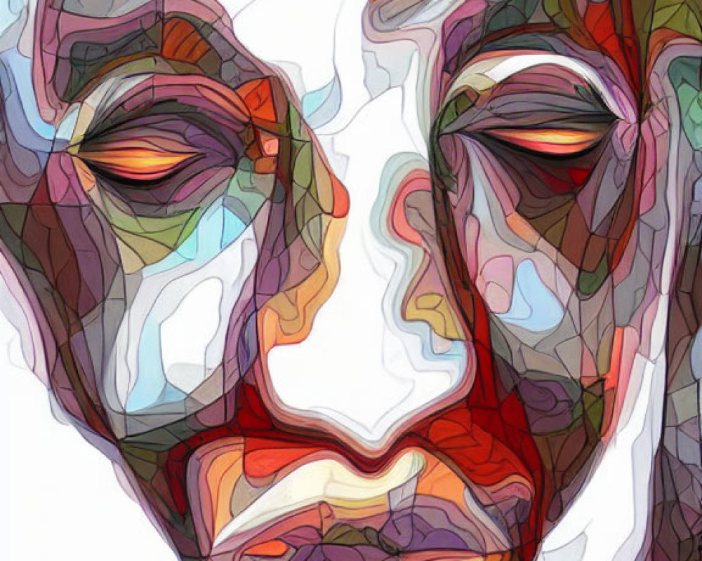 Abstract portrait with geometric designs and serene expression