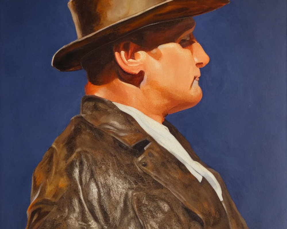 Man in Profile with Brown Hat and Coat on Blue Background