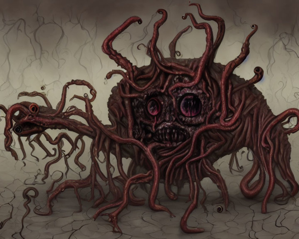 Monstrous tentacled creature with large eyes in shadowy landscape