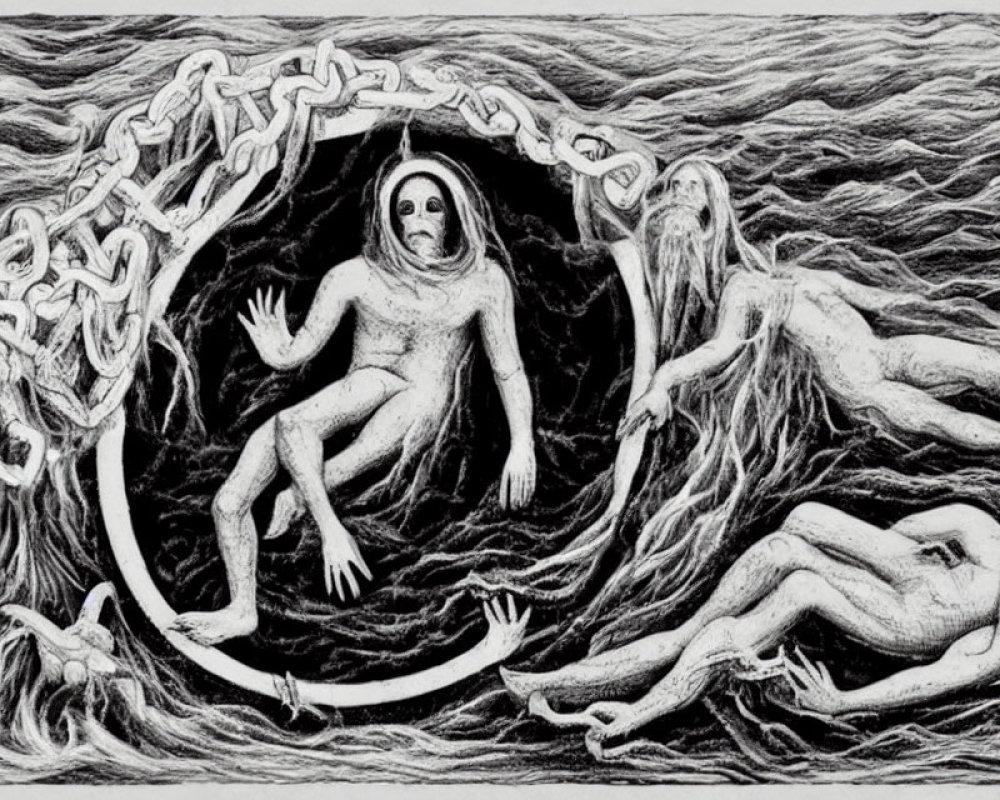 Monochrome drawing of central figure with outstretched arms surrounded by interconnected human figures in fluid environment