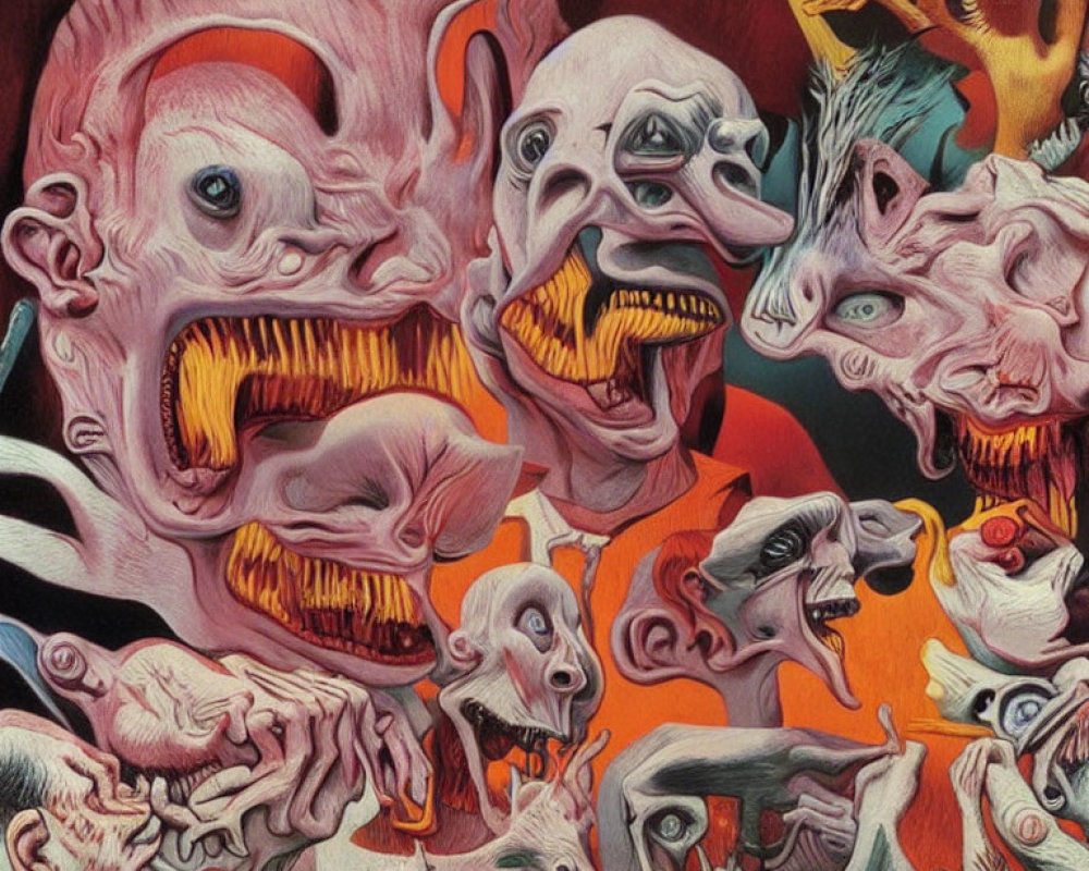 Colorful surreal artwork: Distorted faces in nightmarish composition