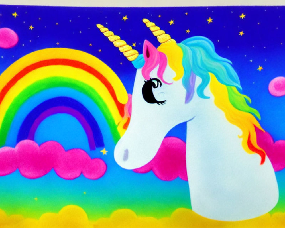 Whimsical unicorn with rainbow mane and golden horns in colorful illustration