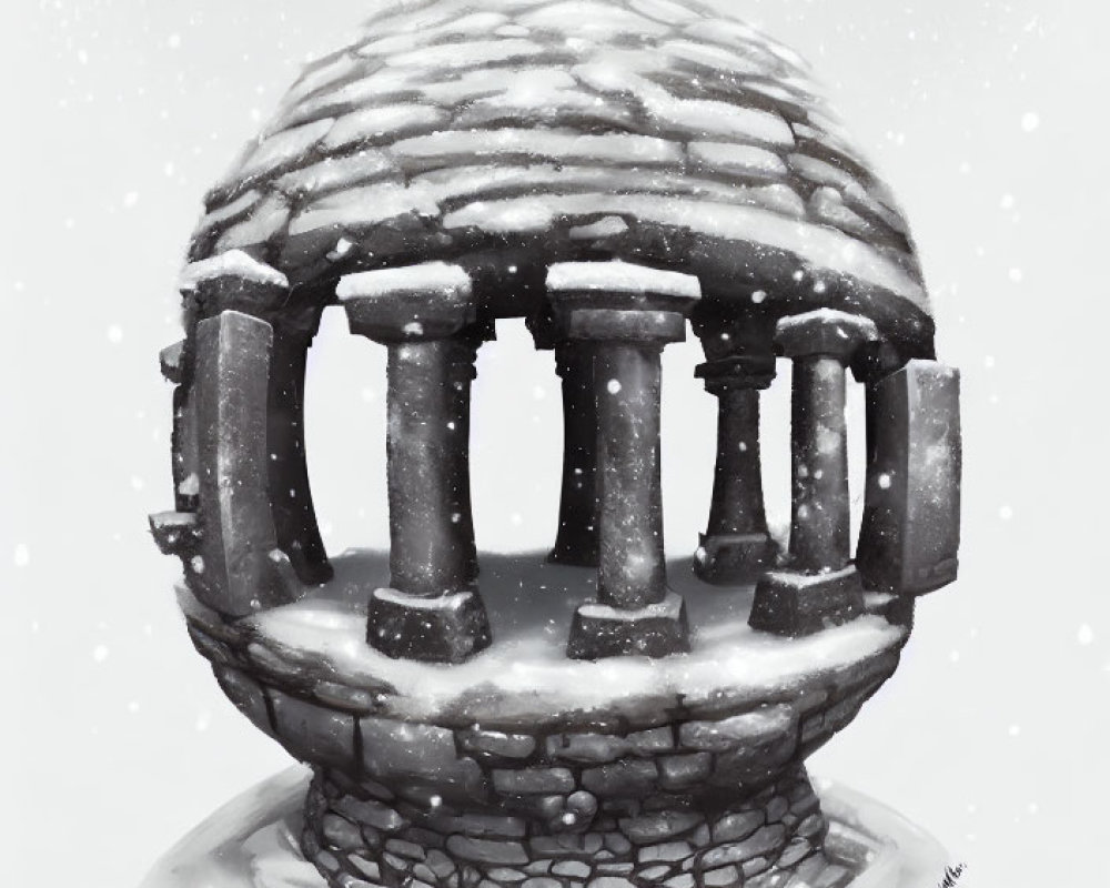 Monochrome illustration of snow-covered ancient stone ruins.