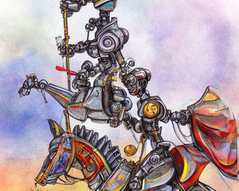 Robot knight on mechanical horse in whimsical drawing