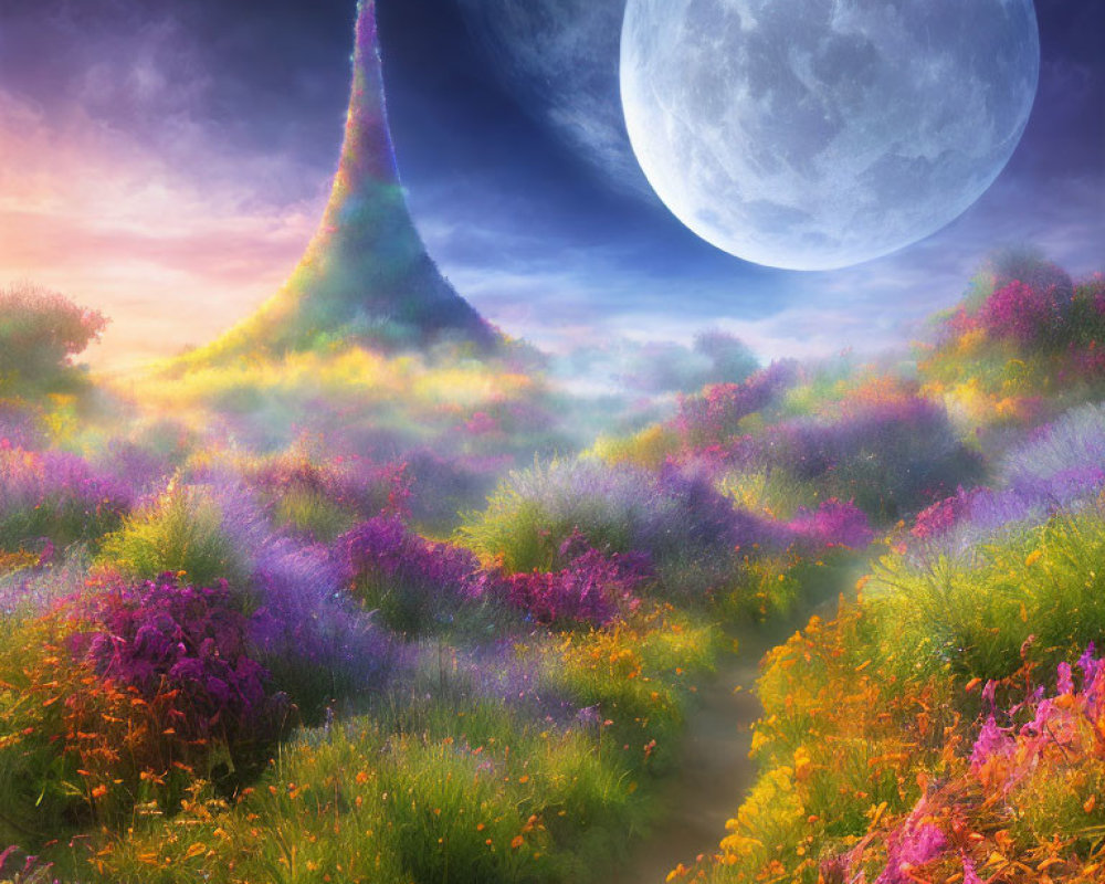 Fantasy landscape with moonlit path and glowing tower