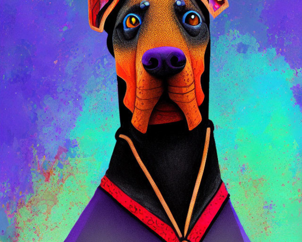 Colorful Cosmic Background with Exaggerated Doberman Illustration