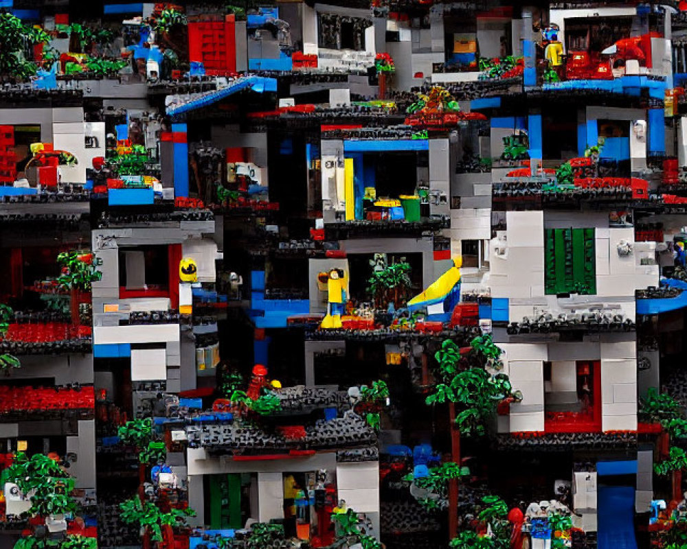 Detailed Lego futuristic cityscape with vibrant colors and greenery