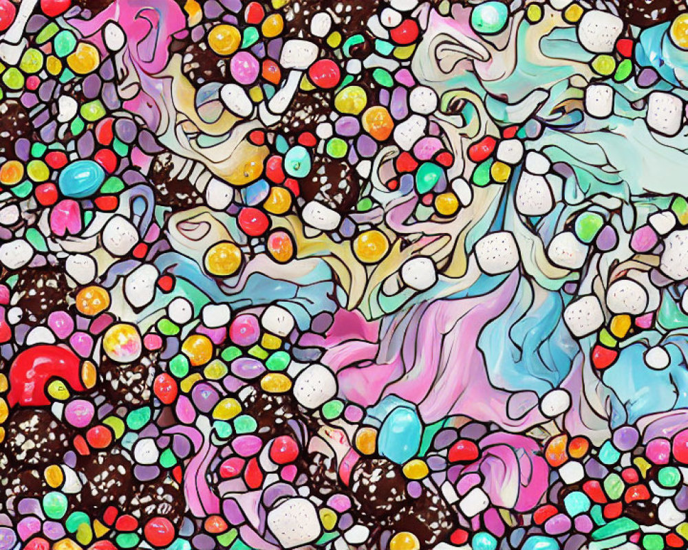 Colorful Abstract Painting with Marbled Textures and Candy-Like Patterns