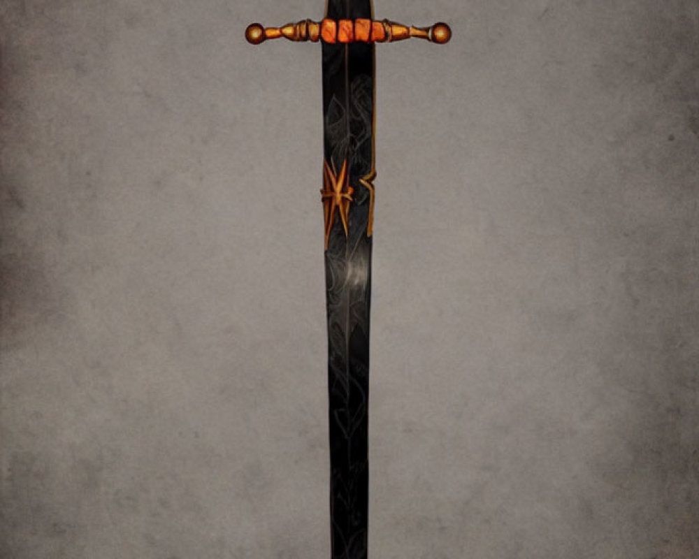 Golden hilt sword with circular emblem and star design on blade