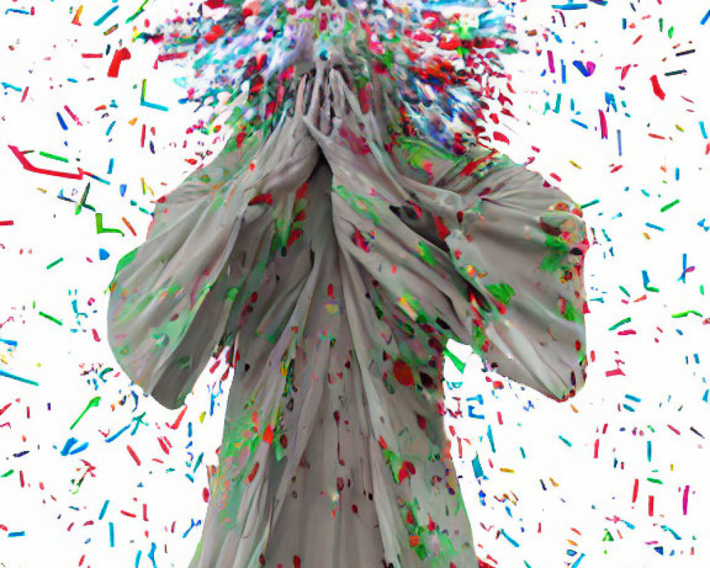 Person in Grey Cloak Exploding into Colorful Fragments