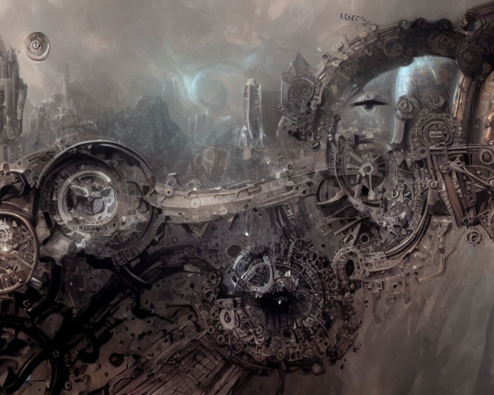 Dystopian Landscape with Intricate Machinery and Cybernetic Structures