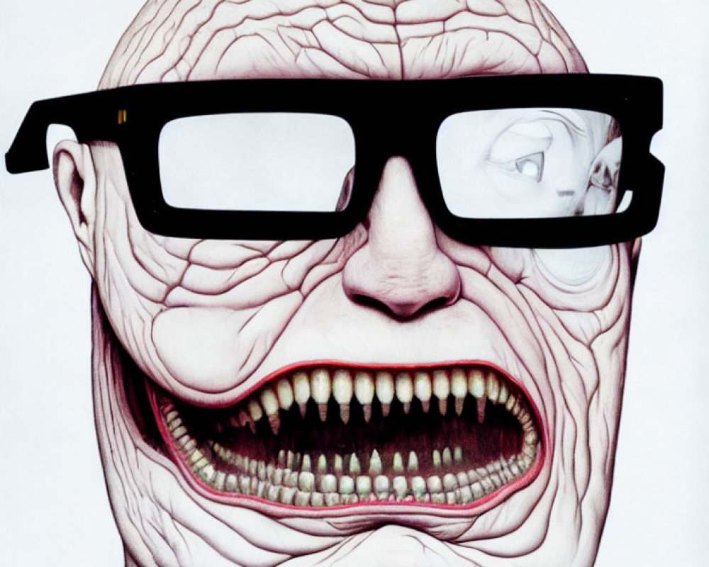 Surreal artwork: head with exposed muscles and toothy mouth, wearing thick-framed glasses.