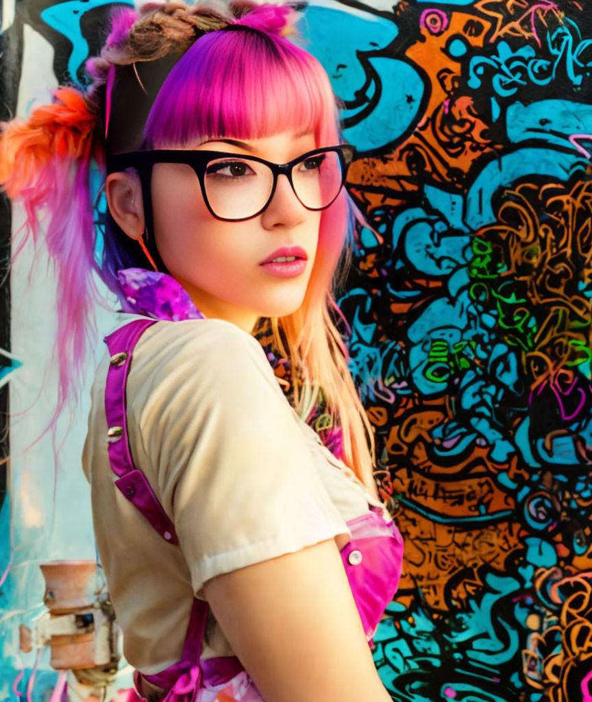 Pink-haired woman with glasses in front of vibrant graffiti wall.