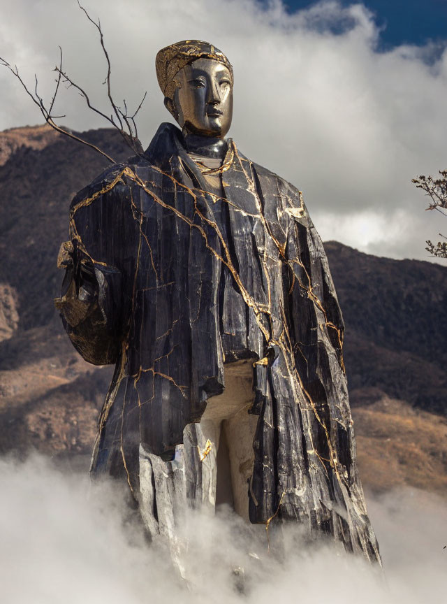 Gilded face statue in black robe against mountain backdrop