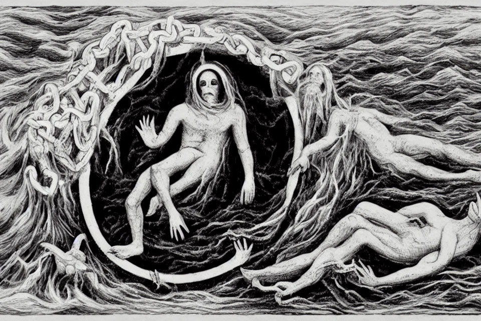 Monochrome drawing of central figure with outstretched arms surrounded by interconnected human figures in fluid environment