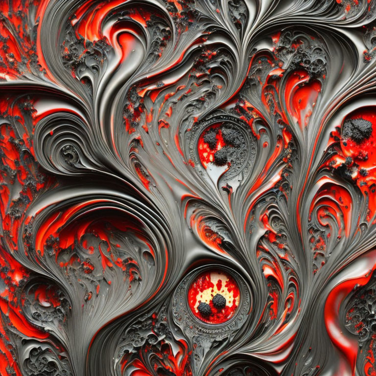 Abstract Metallic Gray and Vivid Red Swirling Pattern