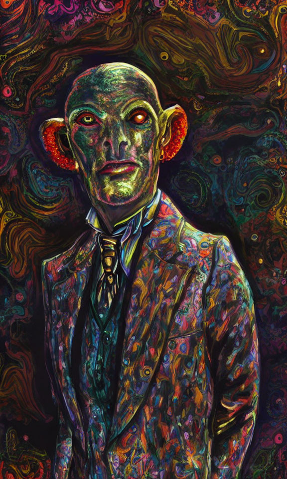 Vibrant surreal art: humanoid figure in green skin suit