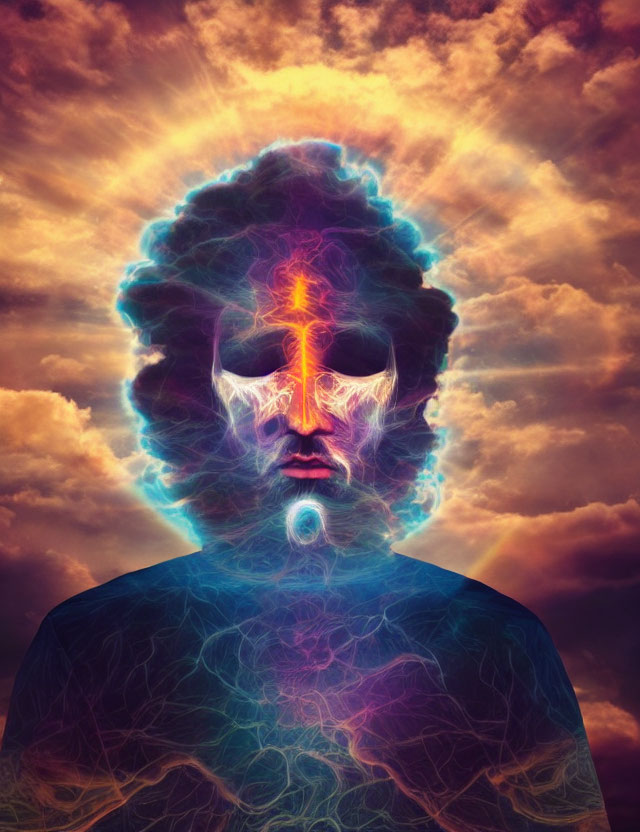 Vibrant surreal image of person with electrifying aura and energy patterns against dramatic sky