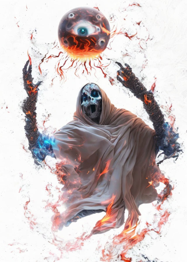 Skull-faced spectral figure in fiery robes summons flaming eyeball orb