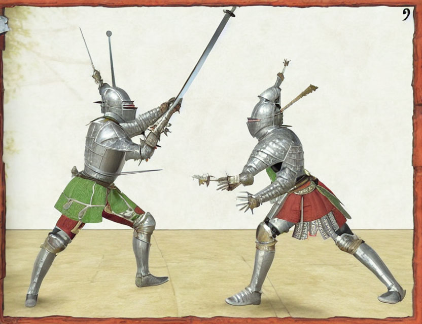 Medieval knights in full armor sword duel on aged parchment background