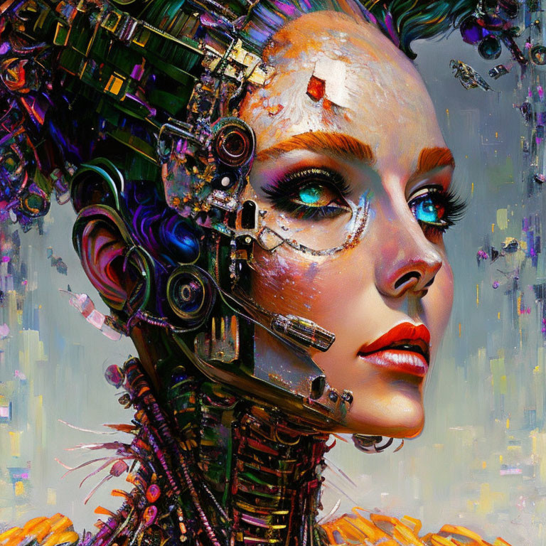 Female Cyborg with Intricate Mechanical Parts in Vivid Colors