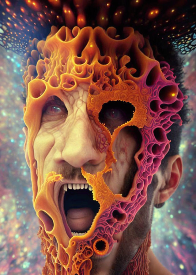 Surreal portrait of man with fractal-like face against cosmic backdrop