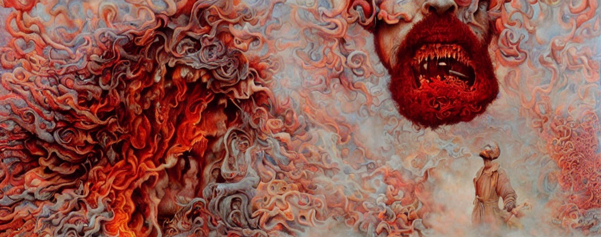 Surreal fiery landscape with creature and humanoid figure in red swirls