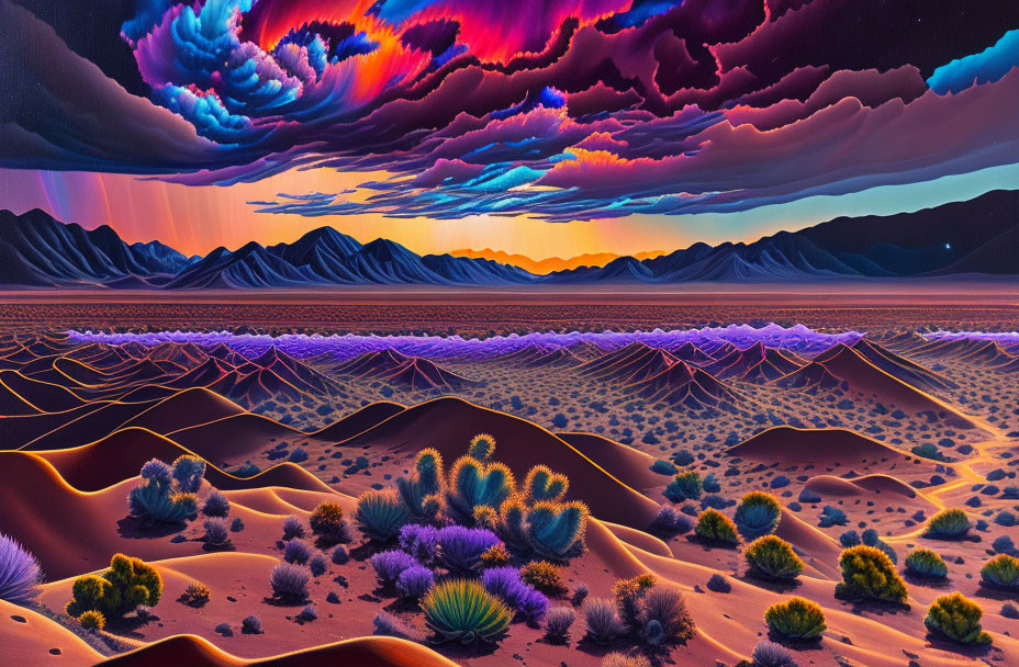 Colorful Dusk Desert Landscape with Dynamic Sky and Sand Dunes