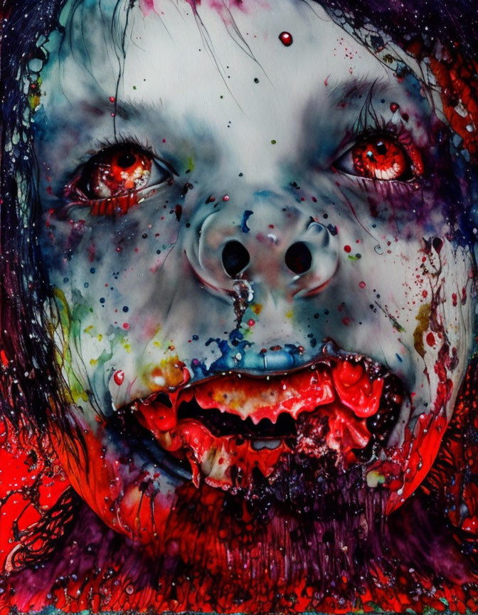 Colorful watercolor painting of a face with red eyes and ink splashes.