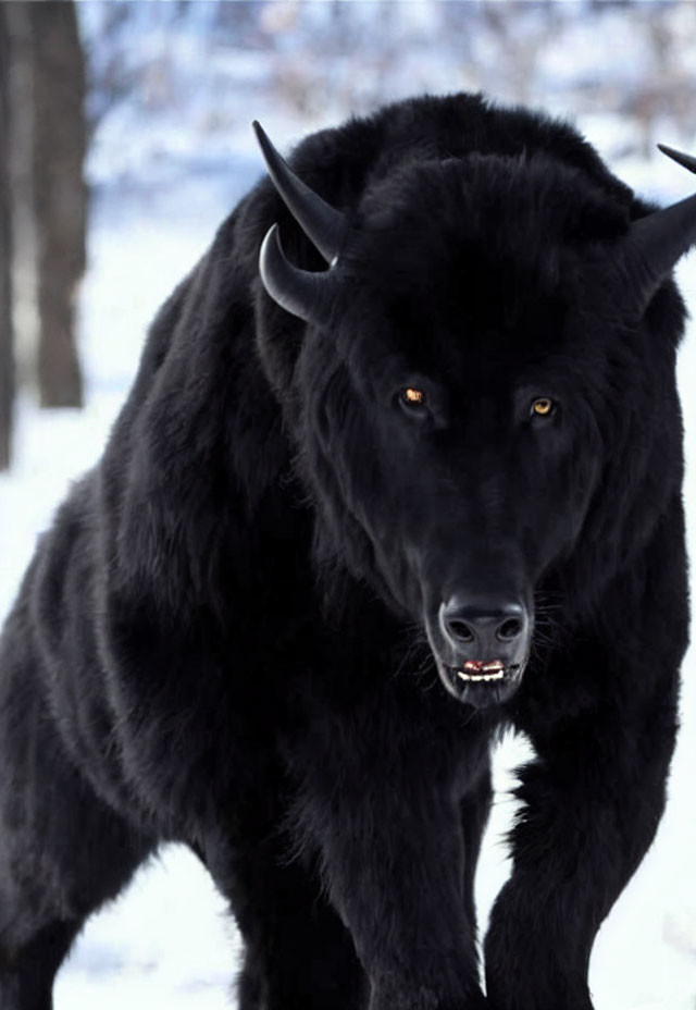 Mystical black wolf with glowing orange eyes in snowy forest