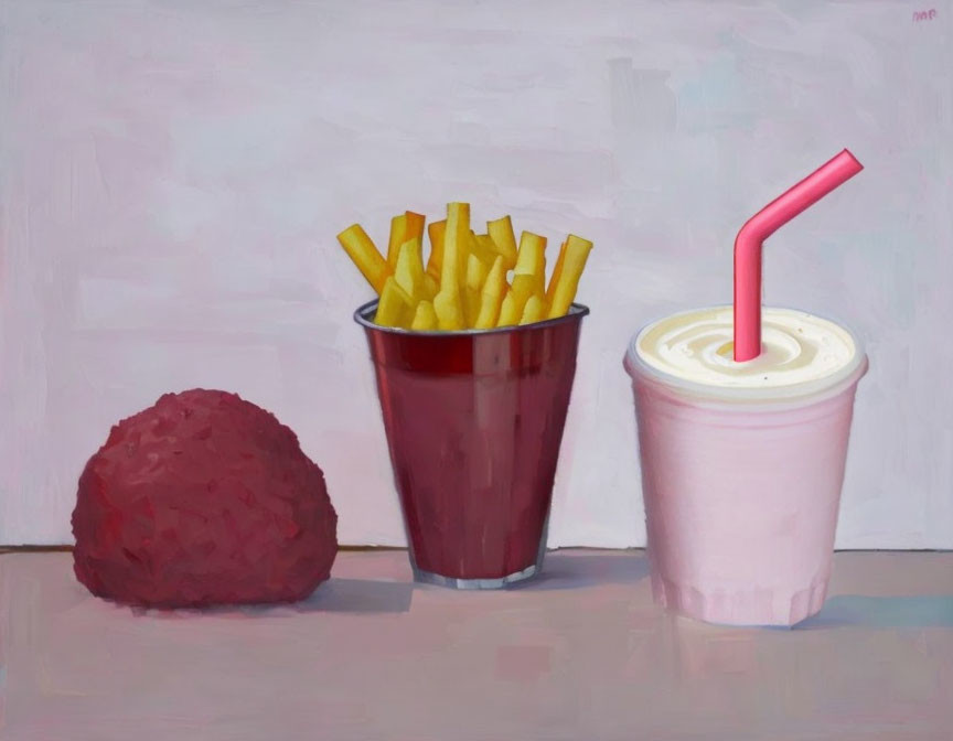 Realistic painting of fast-food meal: burger, fries, milkshake on light background