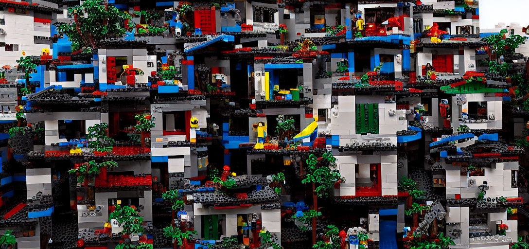 Detailed Lego futuristic cityscape with vibrant colors and greenery