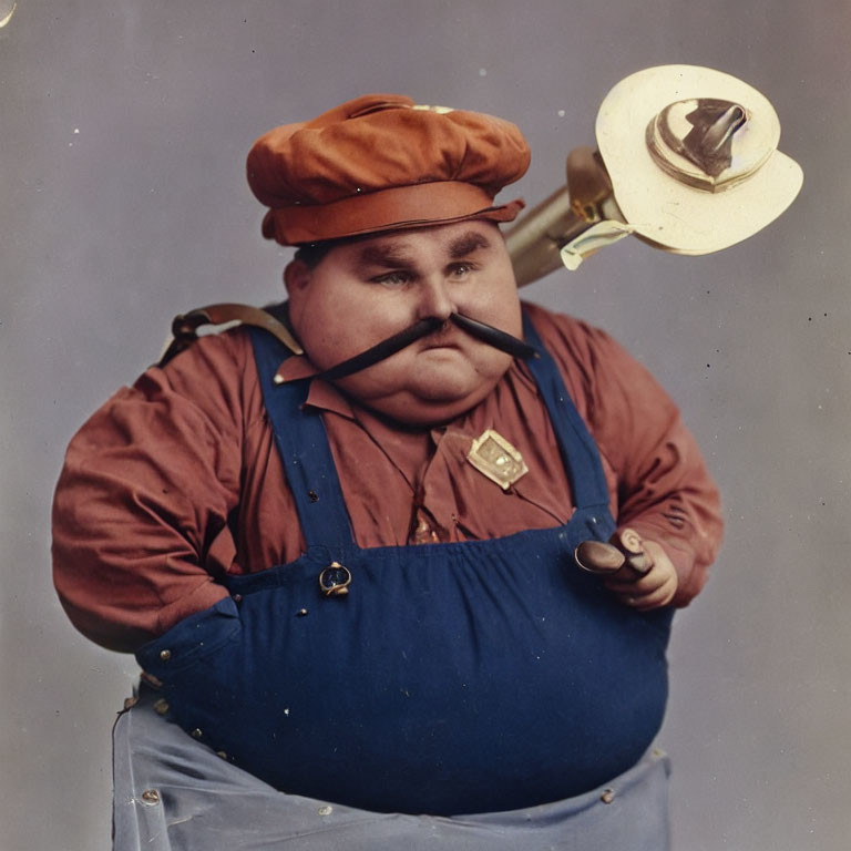 Vintage Photo: Portly Man with Large Mustache, Hat, Overalls, and Cake on Mechanical