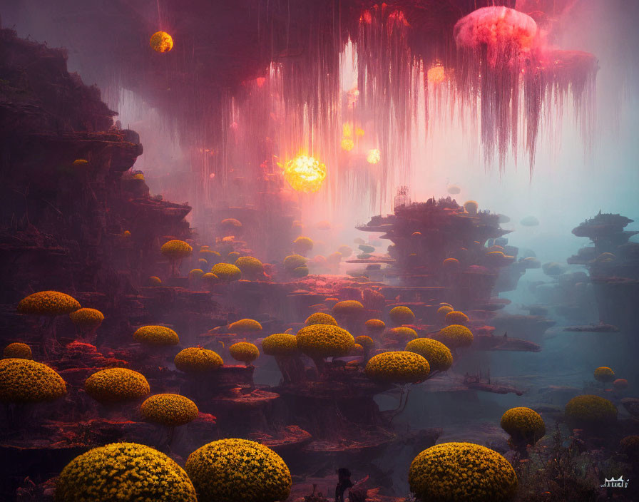 Mystical landscape with glowing orbs, jellyfish-like creatures, yellow-domed flora, and sil