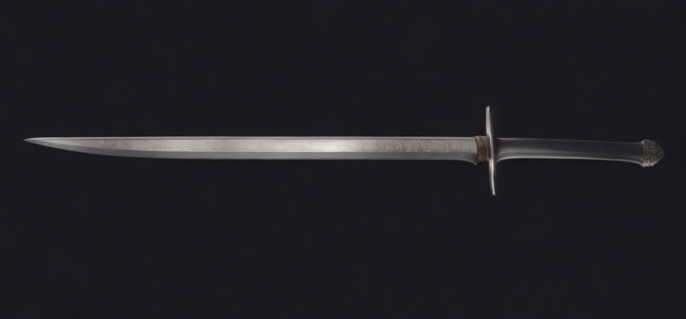 Double-edged medieval sword with simple crossguard on dark background