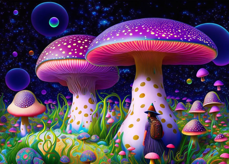 Colorful digital artwork: Oversized mushrooms in whimsical landscape