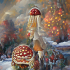 Red and White Spotted Mushrooms in Frosty Evergreen Scene