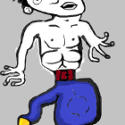 Abstract cartoonish drawing: one-eyed figure with wavy arms and blue pants